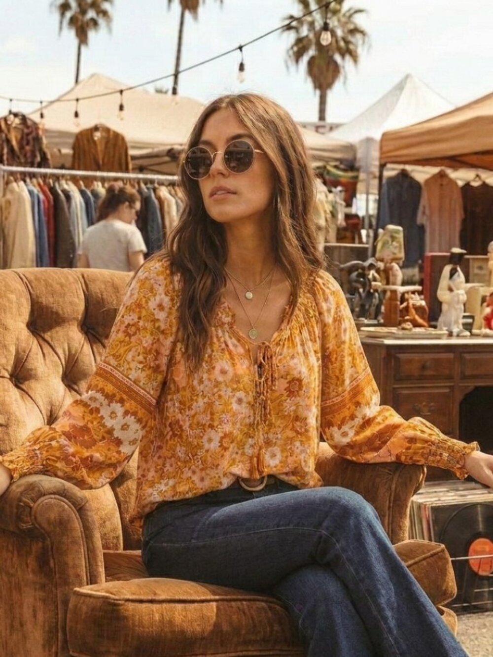Cynthia Rowley Floral Smocked Long Balloon Sleeve Flowy Peasant Top Size Small
